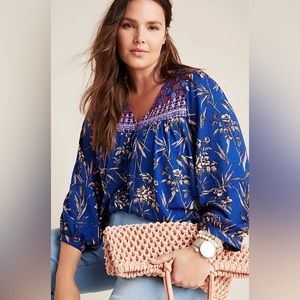 By Anthropologie Indigo Floral Peasant Top
